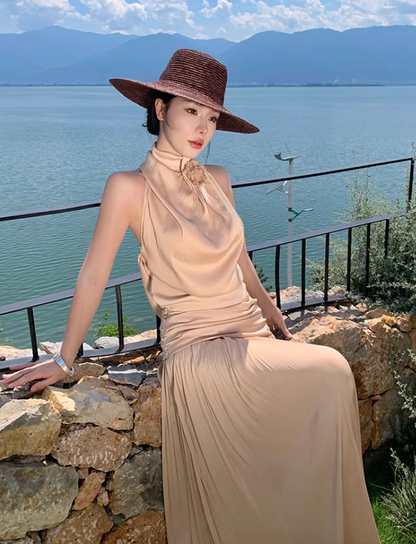 Elegant Draped Flowy Vocation Outfit Maxi Dress Backless Soft Fabric Halter Dress AP1153