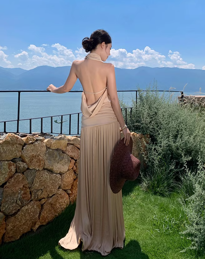 Elegant Draped Flowy Vocation Outfit Maxi Dress Backless Soft Fabric Halter Dress AP1153