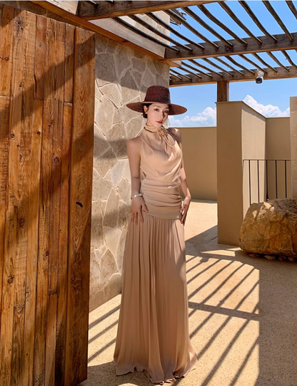 Elegant Draped Flowy Vocation Outfit Maxi Dress Backless Soft Fabric Halter Dress AP1153