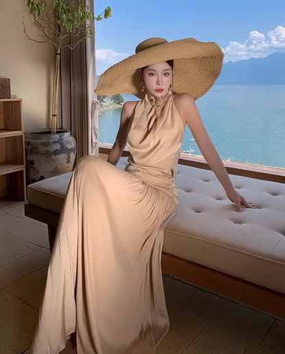 Elegant Draped Flowy Vocation Outfit Maxi Dress Backless Soft Fabric Halter Dress AP1153