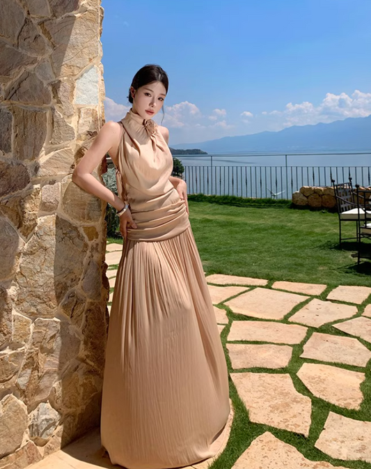Elegant Draped Flowy Vocation Outfit Maxi Dress Backless Soft Fabric Halter Dress AP1153