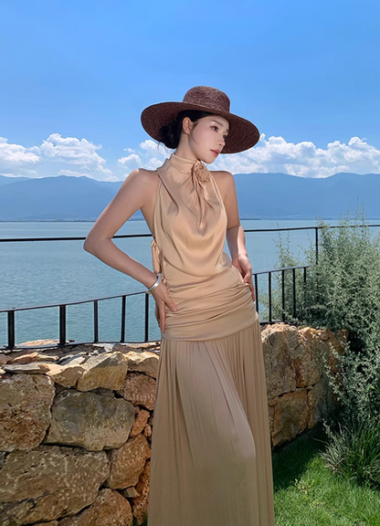 Elegant Draped Flowy Vocation Outfit Maxi Dress Backless Soft Fabric Halter Dress AP1153