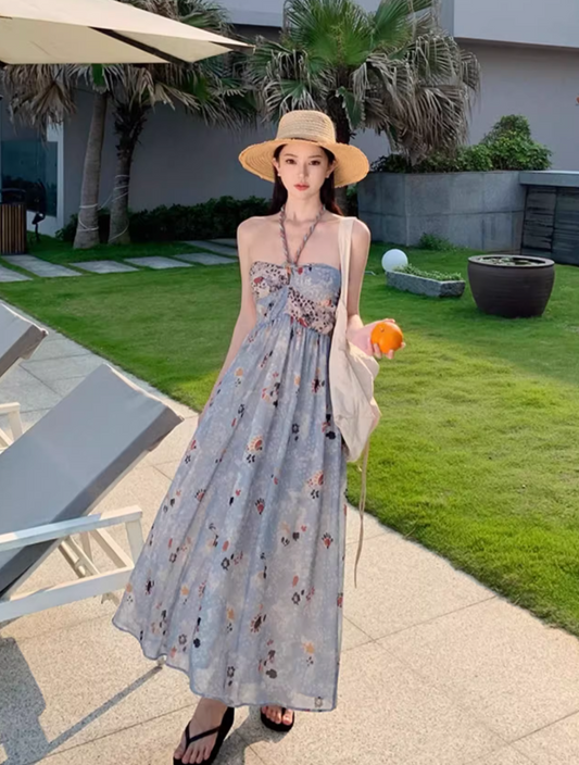 Novelty Floral Print Strapless Maxi Dress With Lining Soft Fabric Flowery Halter Long Dress AP1154