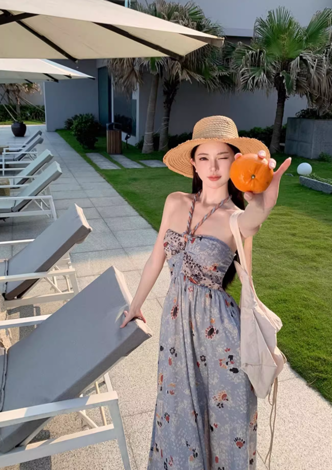 Novelty Floral Print Strapless Maxi Dress With Lining Soft Fabric Flowery Halter Long Dress AP1154