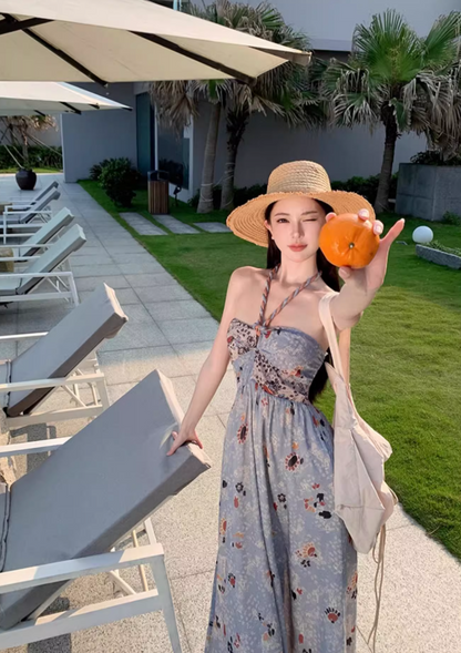 Novelty Floral Print Strapless Maxi Dress With Lining Soft Fabric Flowery Halter Long Dress AP1154