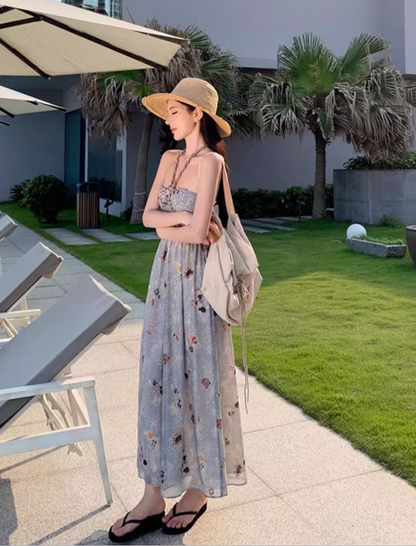 Novelty Floral Print Strapless Maxi Dress With Lining Soft Fabric Flowery Halter Long Dress AP1154