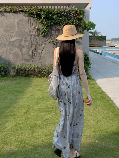 Novelty Floral Print Strapless Maxi Dress With Lining Soft Fabric Flowery Halter Long Dress AP1154