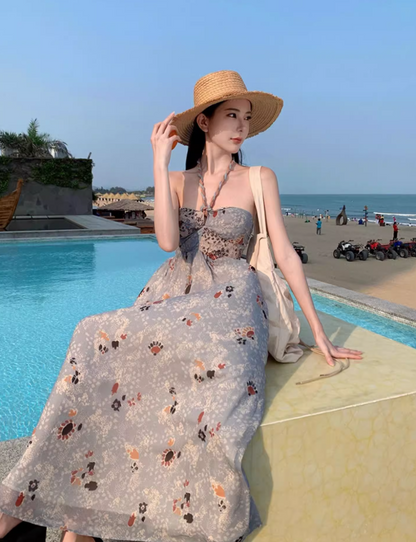 Novelty Floral Print Strapless Maxi Dress With Lining Soft Fabric Flowery Halter Long Dress AP1154