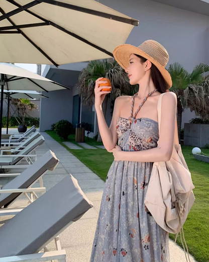 Novelty Floral Print Strapless Maxi Dress With Lining Soft Fabric Flowery Halter Long Dress AP1154