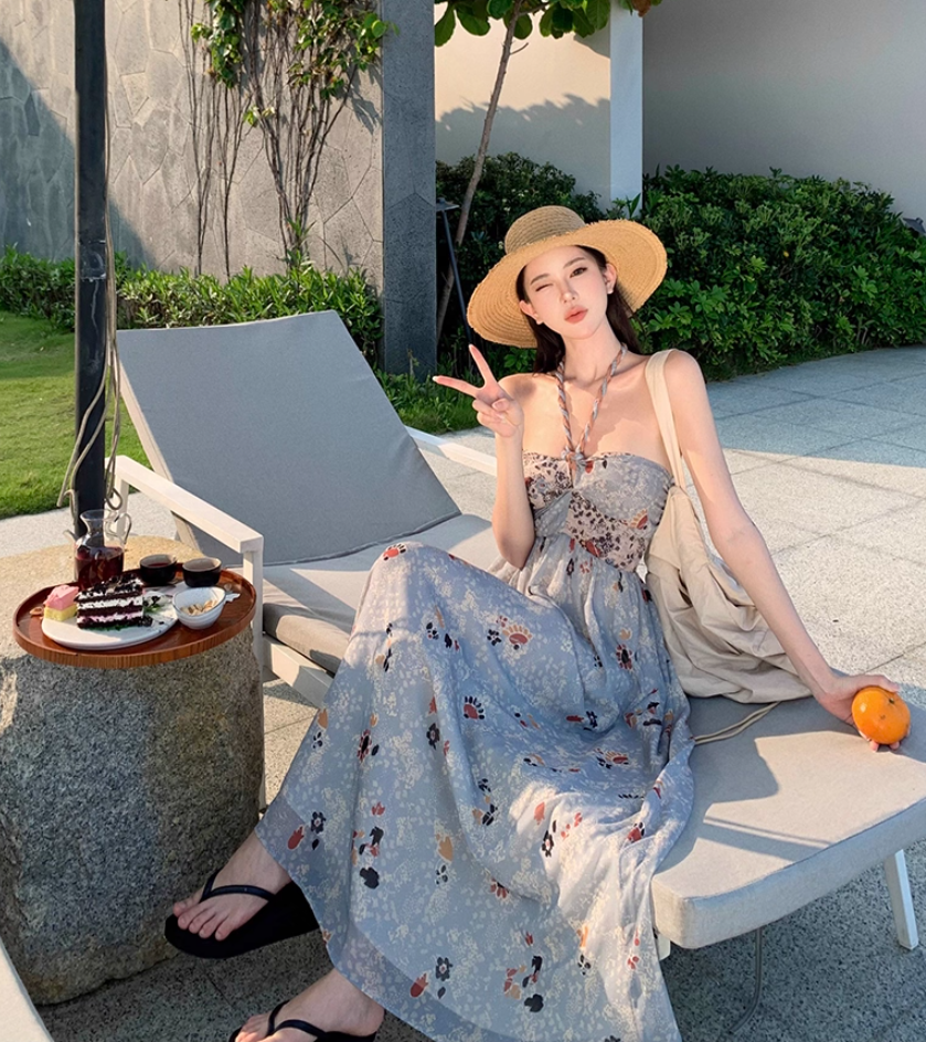 Novelty Floral Print Strapless Maxi Dress With Lining Soft Fabric Flowery Halter Long Dress AP1154