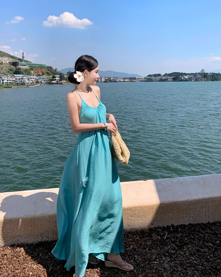 Vibrant Floral Design Vacation Outfit Maxi Dress Backless Flowy Minimalist Halter Long Dress AP1155