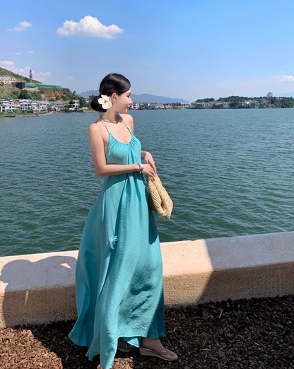 Vibrant Floral Design Vacation Outfit Maxi Dress Backless Flowy Minimalist Halter Long Dress AP1155