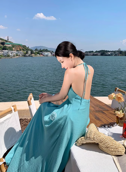 Vibrant Floral Design Vacation Outfit Maxi Dress Backless Flowy Minimalist Halter Long Dress AP1155