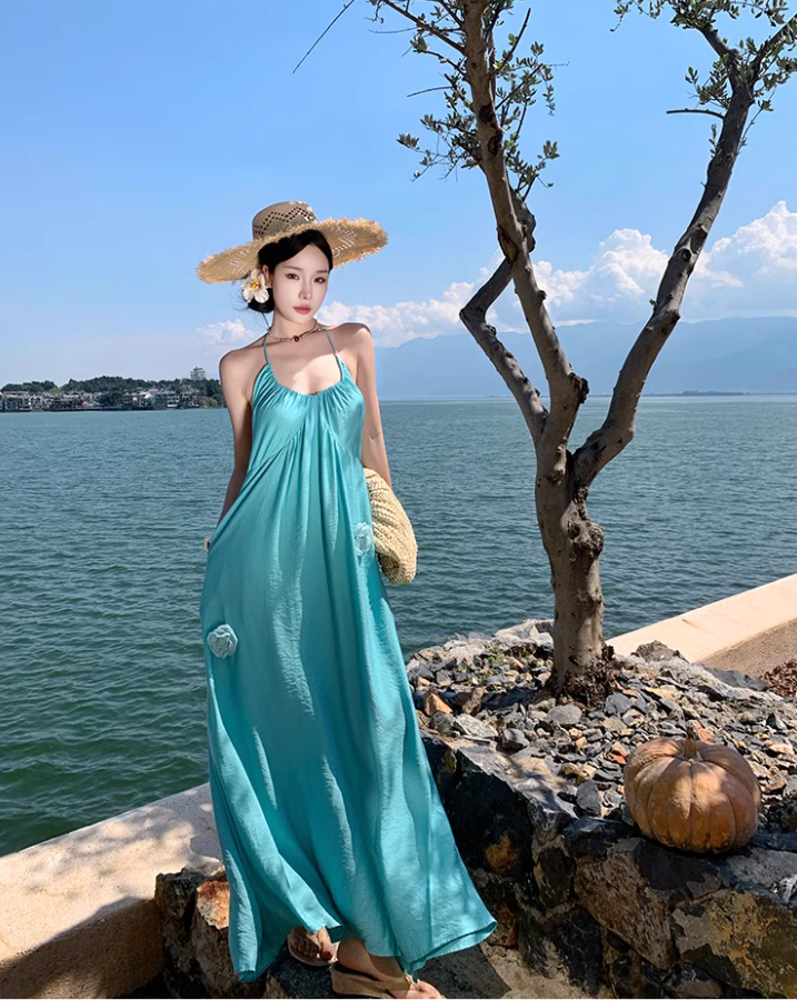 Vibrant Floral Design Vacation Outfit Maxi Dress Backless Flowy Minimalist Halter Long Dress AP1155