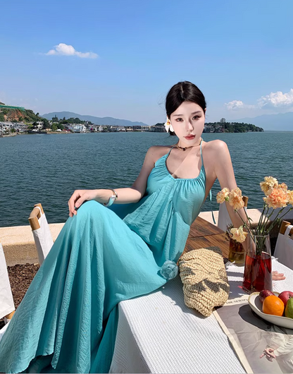 Vibrant Floral Design Vacation Outfit Maxi Dress Backless Flowy Minimalist Halter Long Dress AP1155