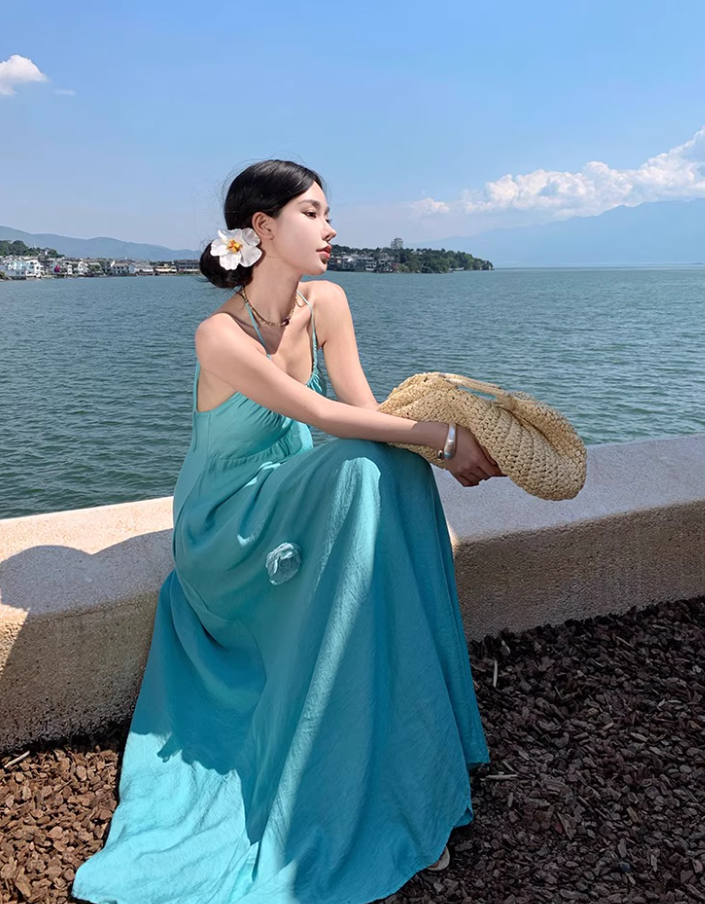 Vibrant Floral Design Vacation Outfit Maxi Dress Backless Flowy Minimalist Halter Long Dress AP1155