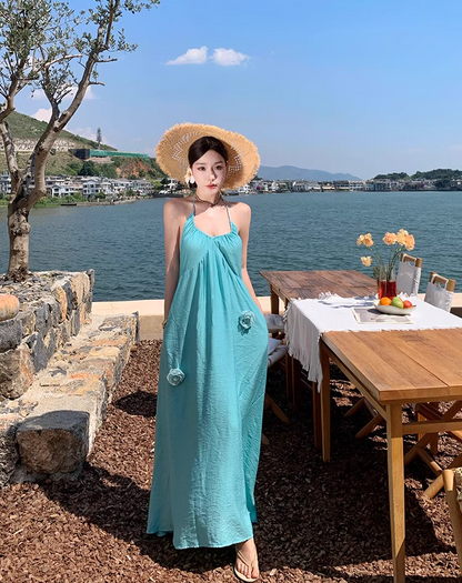 Vibrant Floral Design Vacation Outfit Maxi Dress Backless Flowy Minimalist Halter Long Dress AP1155