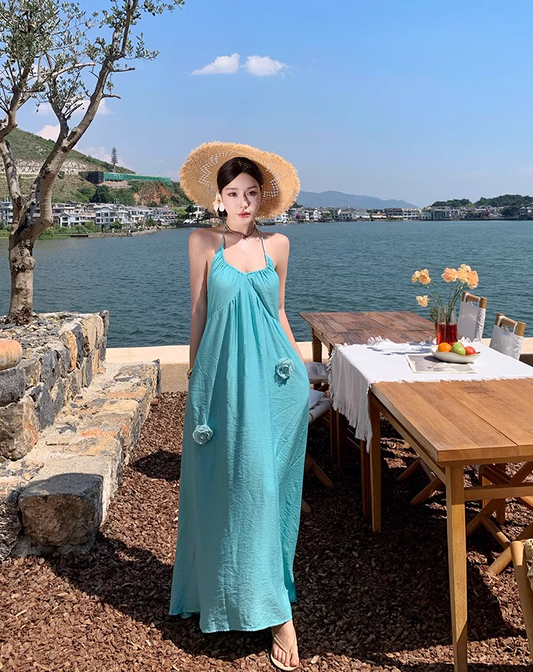 Vibrant Floral Design Vacation Outfit Maxi Dress Backless Flowy Minimalist Halter Long Dress AP1155