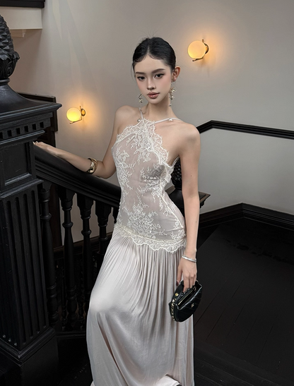 Graceful Applique Lace Splicing Maxi Dress Backless Natural Draped Flowy Halter Long Dress AP1156