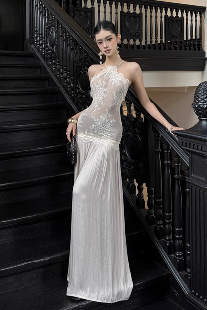 Graceful Applique Lace Splicing Maxi Dress Backless Natural Draped Flowy Halter Long Dress AP1156