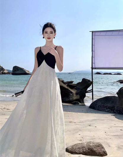 Casual Black & White Splicing Maxi Dress Beach Getaways Floral Jacquard A-Line Long Dress AP1157