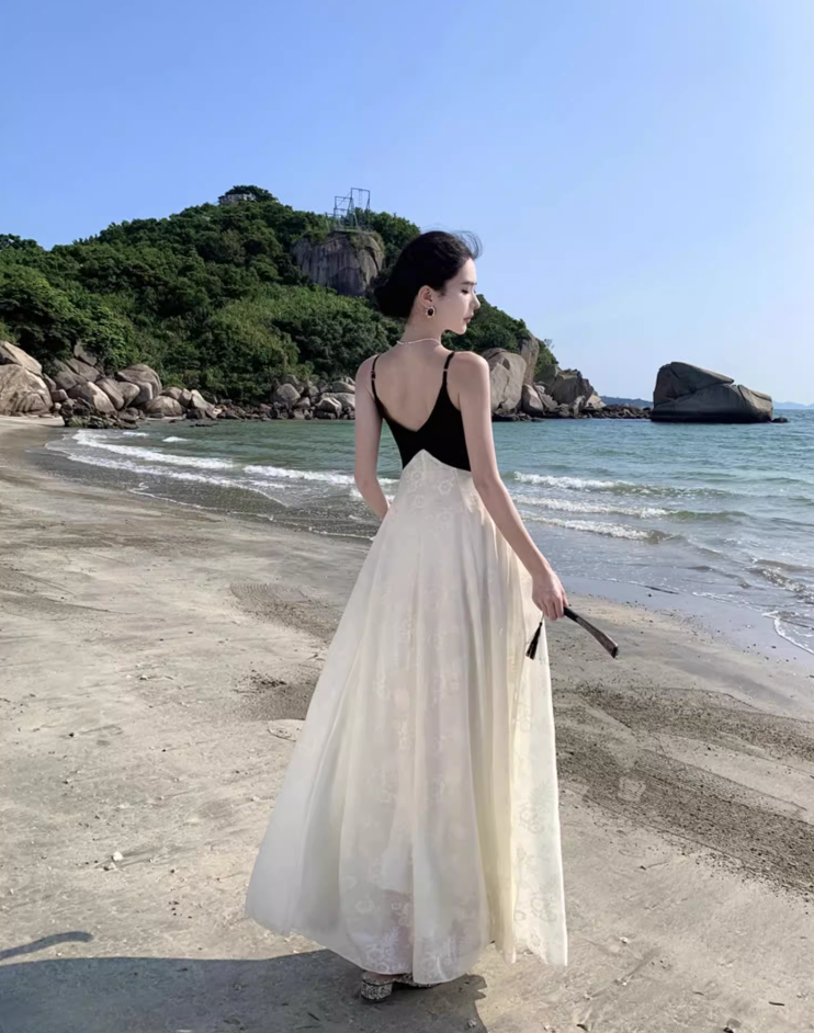 Casual Black & White Splicing Maxi Dress Beach Getaways Floral Jacquard A-Line Long Dress AP1157