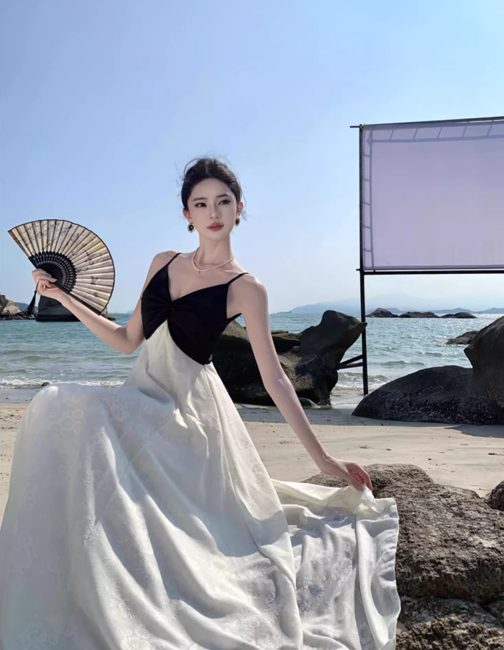 Casual Black & White Splicing Maxi Dress Beach Getaways Floral Jacquard A-Line Long Dress AP1157