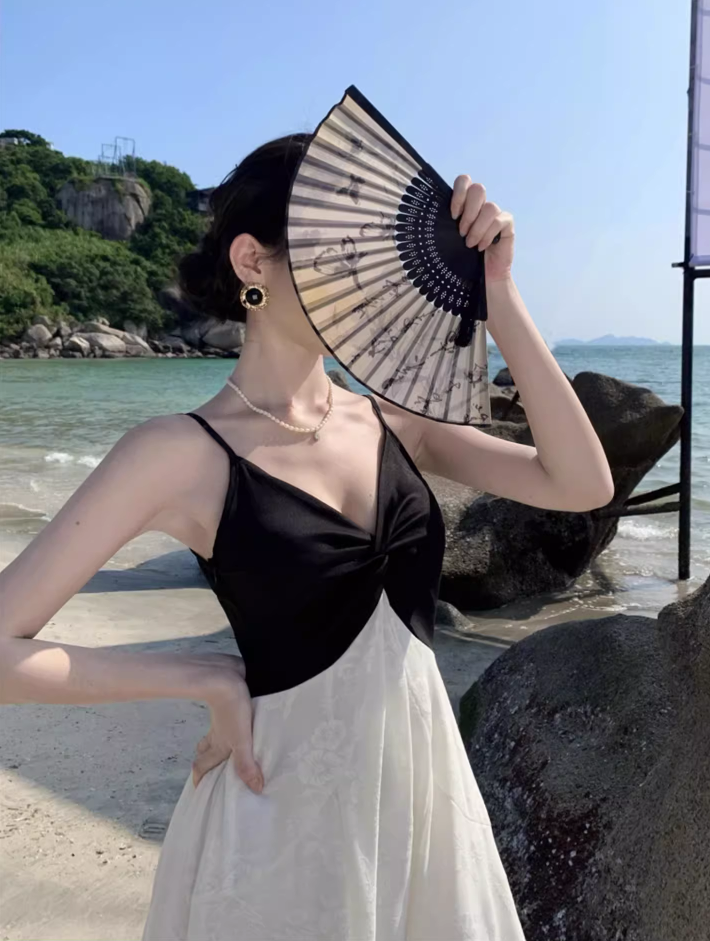 Casual Black & White Splicing Maxi Dress Beach Getaways Floral Jacquard A-Line Long Dress AP1157