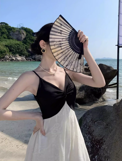 Casual Black & White Splicing Maxi Dress Beach Getaways Floral Jacquard A-Line Long Dress AP1157