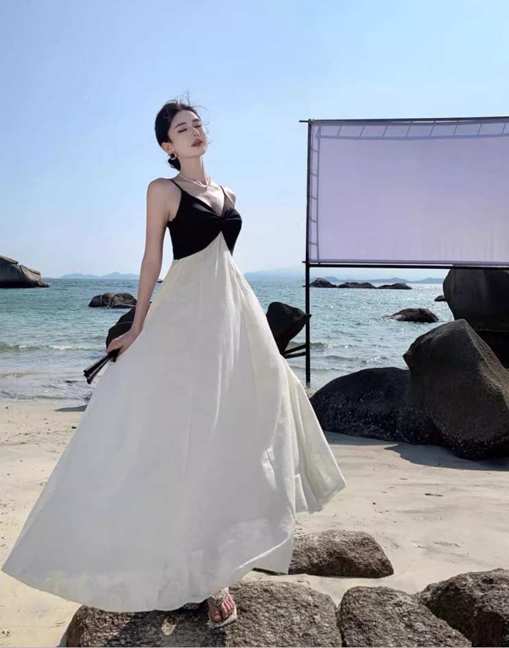 Casual Black & White Splicing Maxi Dress Beach Getaways Floral Jacquard A-Line Long Dress AP1157