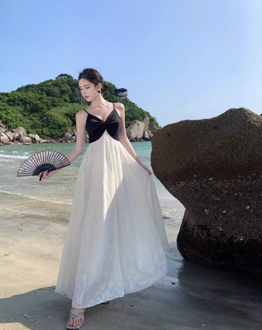 Casual Black & White Splicing Maxi Dress Beach Getaways Floral Jacquard A-Line Long Dress AP1157