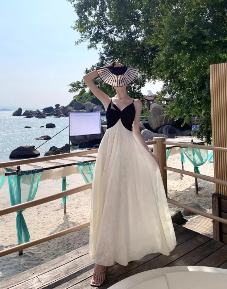 Casual Black & White Splicing Maxi Dress Beach Getaways Floral Jacquard A-Line Long Dress AP1157