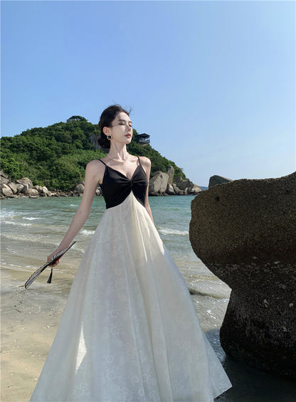 Casual Black & White Splicing Maxi Dress Beach Getaways Floral Jacquard A-Line Long Dress AP1157