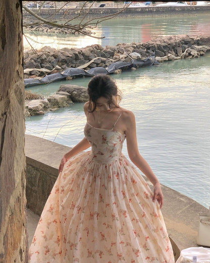 French Style Flowy Hem Maxi Dress Beach Getaways Spaghetti Strap A-Line Long Dress AP1158