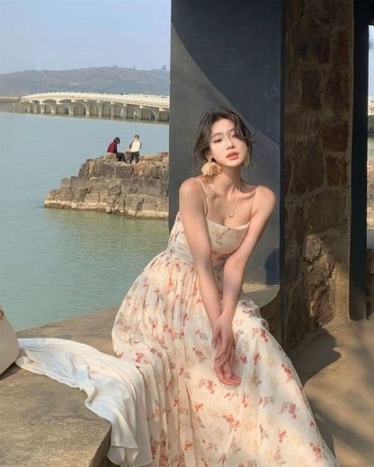 French Style Flowy Hem Maxi Dress Beach Getaways Spaghetti Strap A-Line Long Dress AP1158