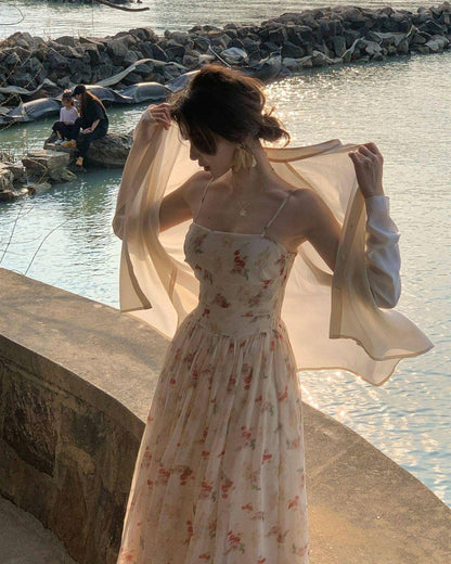 French Style Flowy Hem Maxi Dress Beach Getaways Spaghetti Strap A-Line Long Dress AP1158