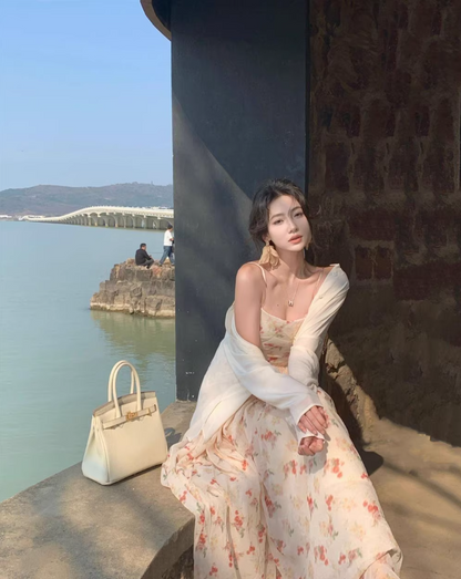 French Style Flowy Hem Maxi Dress Beach Getaways Spaghetti Strap A-Line Long Dress AP1158