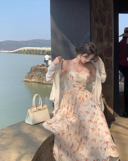 French Style Flowy Hem Maxi Dress Beach Getaways Spaghetti Strap A-Line Long Dress AP1158