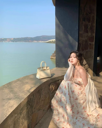 French Style Flowy Hem Maxi Dress Beach Getaways Spaghetti Strap A-Line Long Dress AP1158