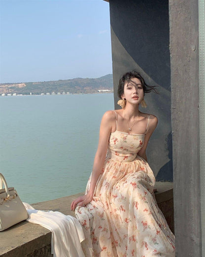 French Style Flowy Hem Maxi Dress Beach Getaways Spaghetti Strap A-Line Long Dress AP1158