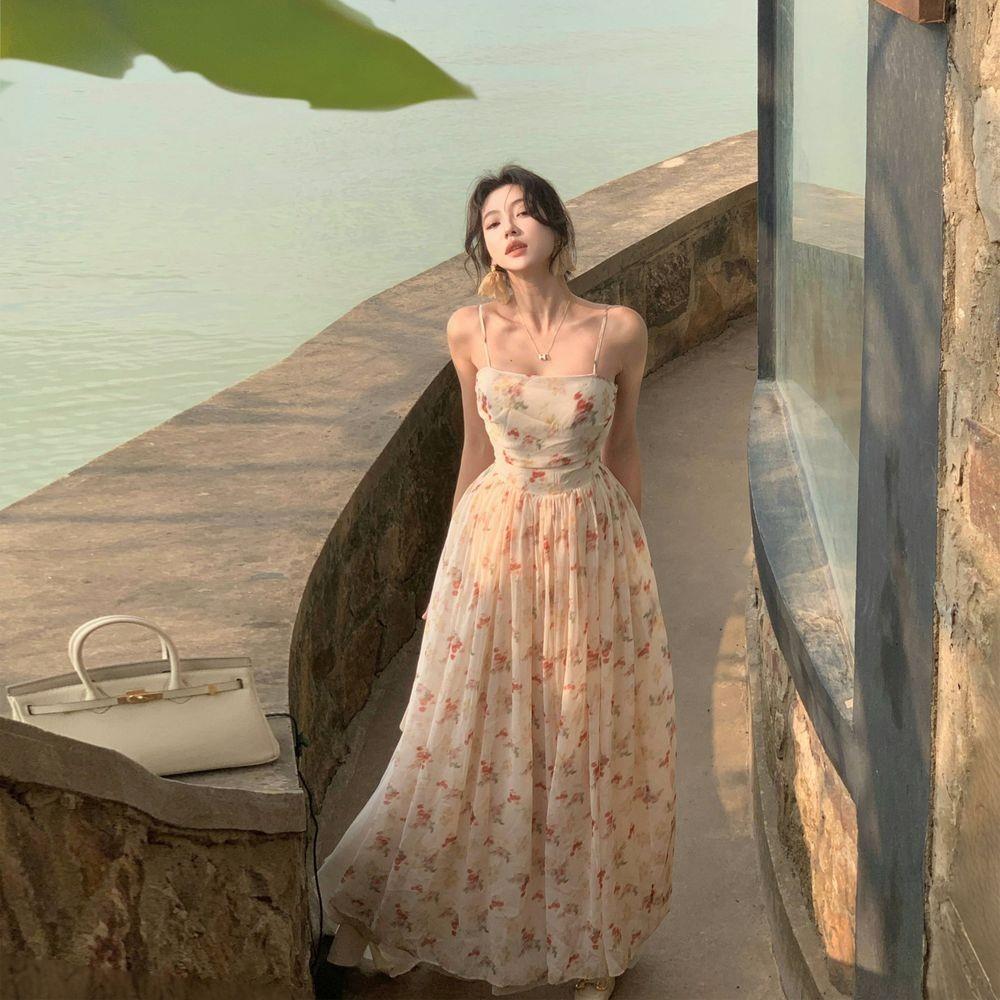 French Style Flowy Hem Maxi Dress Beach Getaways Spaghetti Strap A-Line Long Dress AP1158