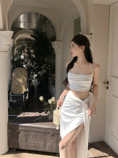 Classical White High Slit Two-Piece Set Maxi Dress Chic Open-Waist Spaghetti Strap Long Dress AP1159
