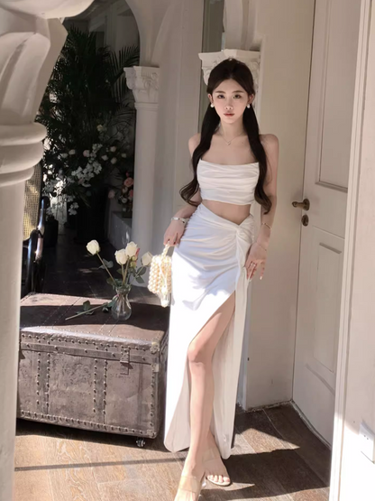 Classical White High Slit Two-Piece Set Maxi Dress Chic Open-Waist Spaghetti Strap Long Dress AP1159