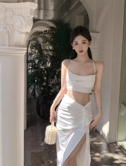Classical White High Slit Two-Piece Set Maxi Dress Chic Open-Waist Spaghetti Strap Long Dress AP1159