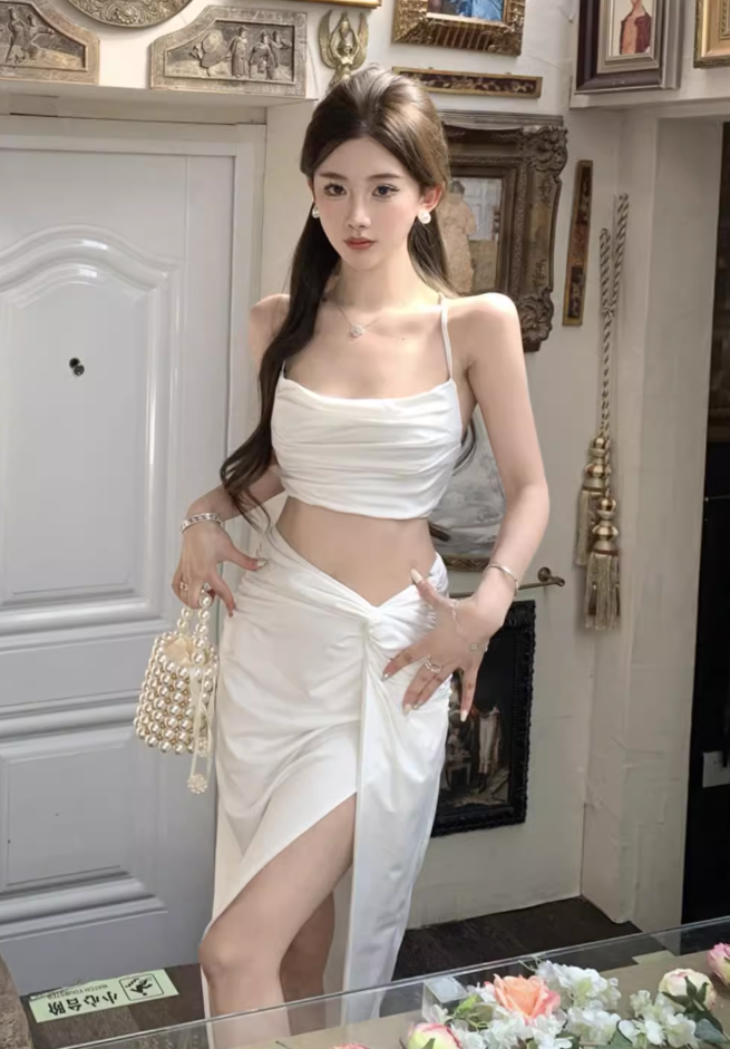Classical White High Slit Two-Piece Set Maxi Dress Chic Open-Waist Spaghetti Strap Long Dress AP1159