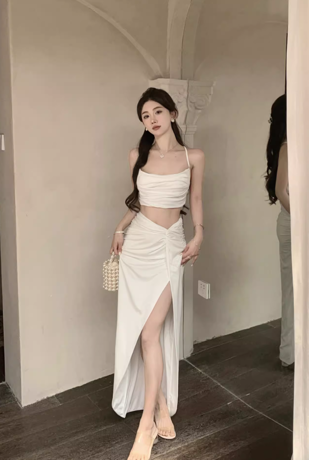 Classical White High Slit Two-Piece Set Maxi Dress Chic Open-Waist Spaghetti Strap Long Dress AP1159