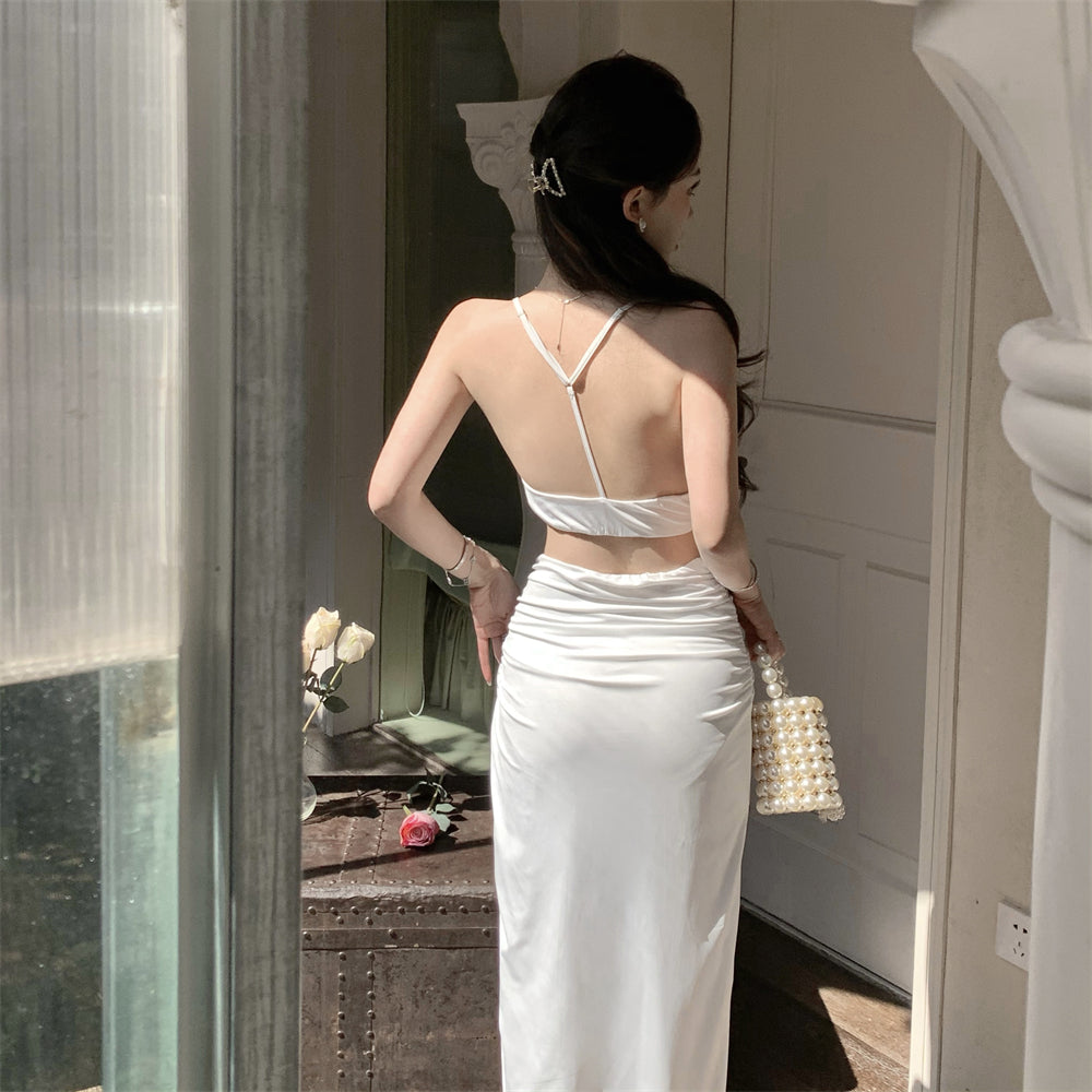 Classical White High Slit Two-Piece Set Maxi Dress Chic Open-Waist Spaghetti Strap Long Dress AP1159