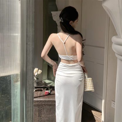 Classical White High Slit Two-Piece Set Maxi Dress Chic Open-Waist Spaghetti Strap Long Dress AP1159