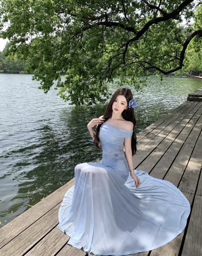 Glamorous Off-Shoulder Strapless Maxi Dress Minimalist Mesh Fabric Splicing Long Dress AP1160