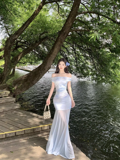 Glamorous Off-Shoulder Strapless Maxi Dress Minimalist Mesh Fabric Splicing Long Dress AP1160